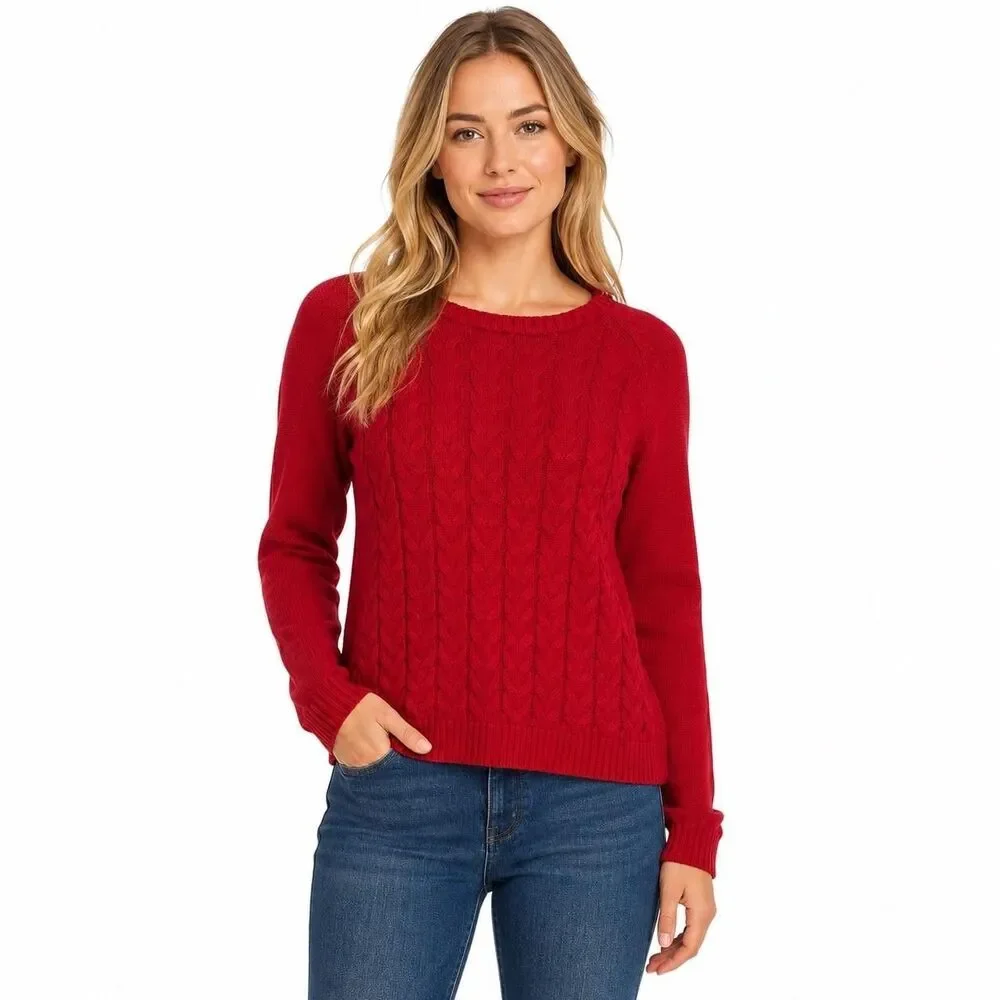 Lands' End Sweater Womens Medium Red Cable Knit Crew Neck Cotton Pullover Raglan